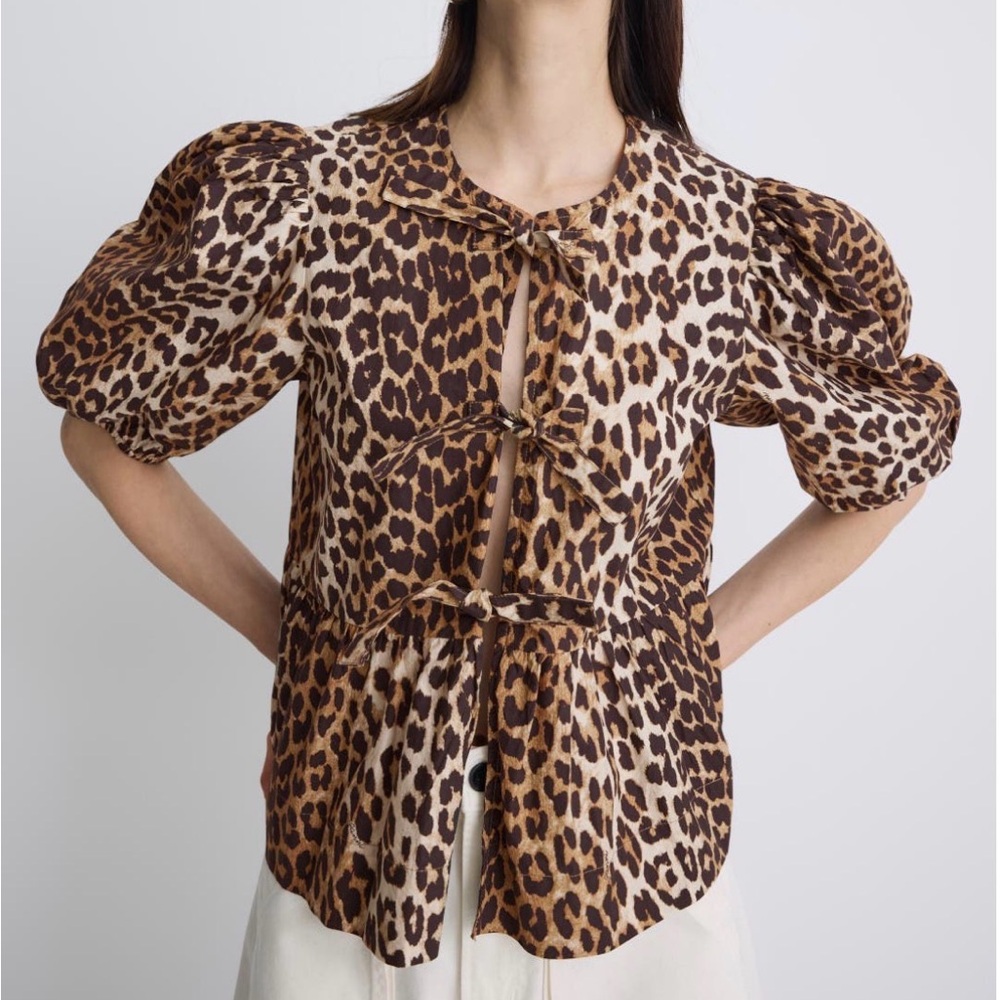 GANNI Leopard Tie-Front Puff Sleeve Peblum Blouse - Medium (EU 40) Animal Print